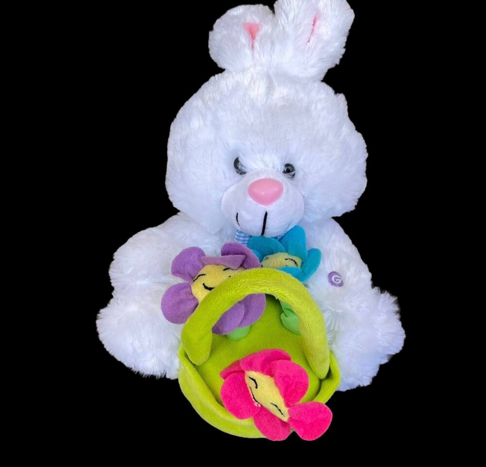 Gemmy Bunny Rabbit Plush Basket of Flowers Sings Animated Stuffed Toy READ